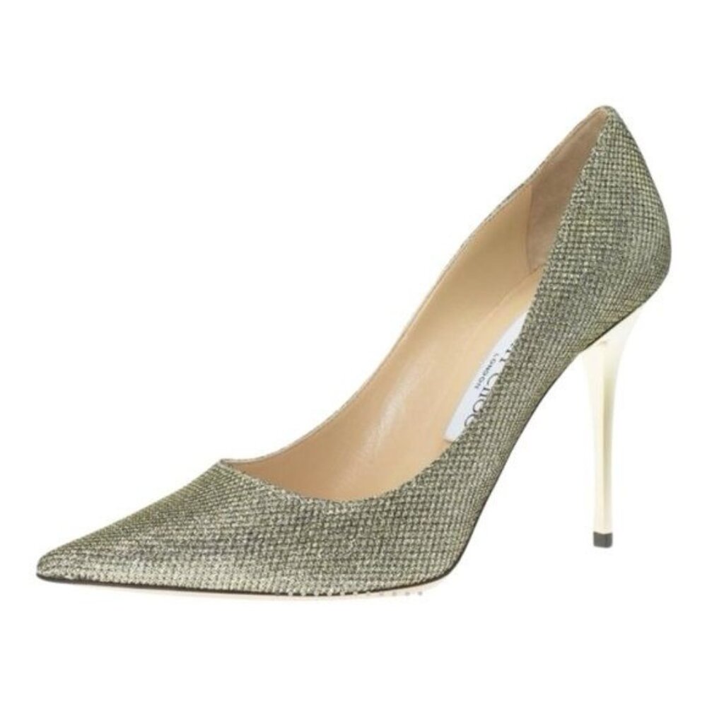 AUTHENTIC Jimmy Choo ABEL Lame Glitter Gray with Gold Pump Heels Size 6.5